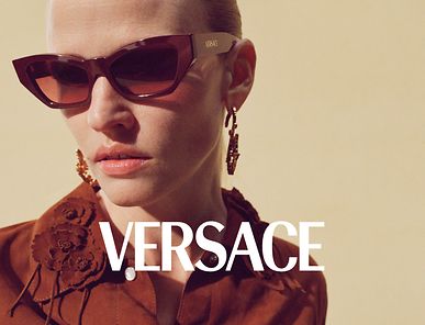 New In-Versace Spring Summer 2025 Lara Stone wears Versace’s new geometric cat-eye in solid red.